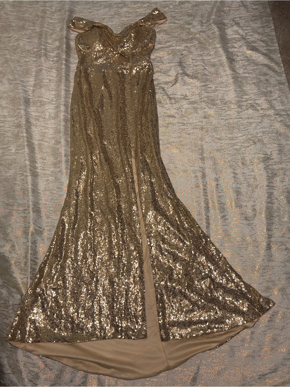 Gold Sequin Off-Shoulder Prom Gown